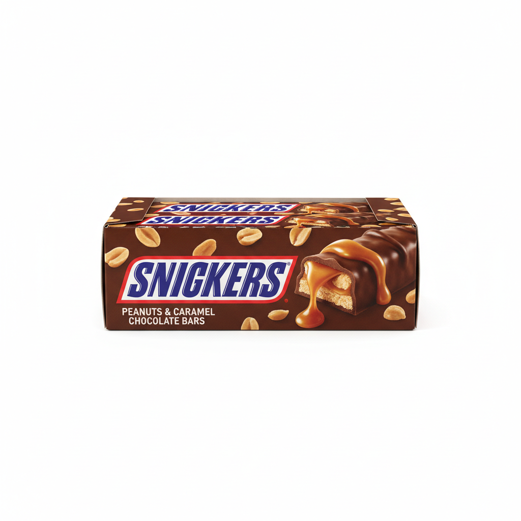 Snickers chocolate bar with caramel, nougat, and peanuts in brown wrapper