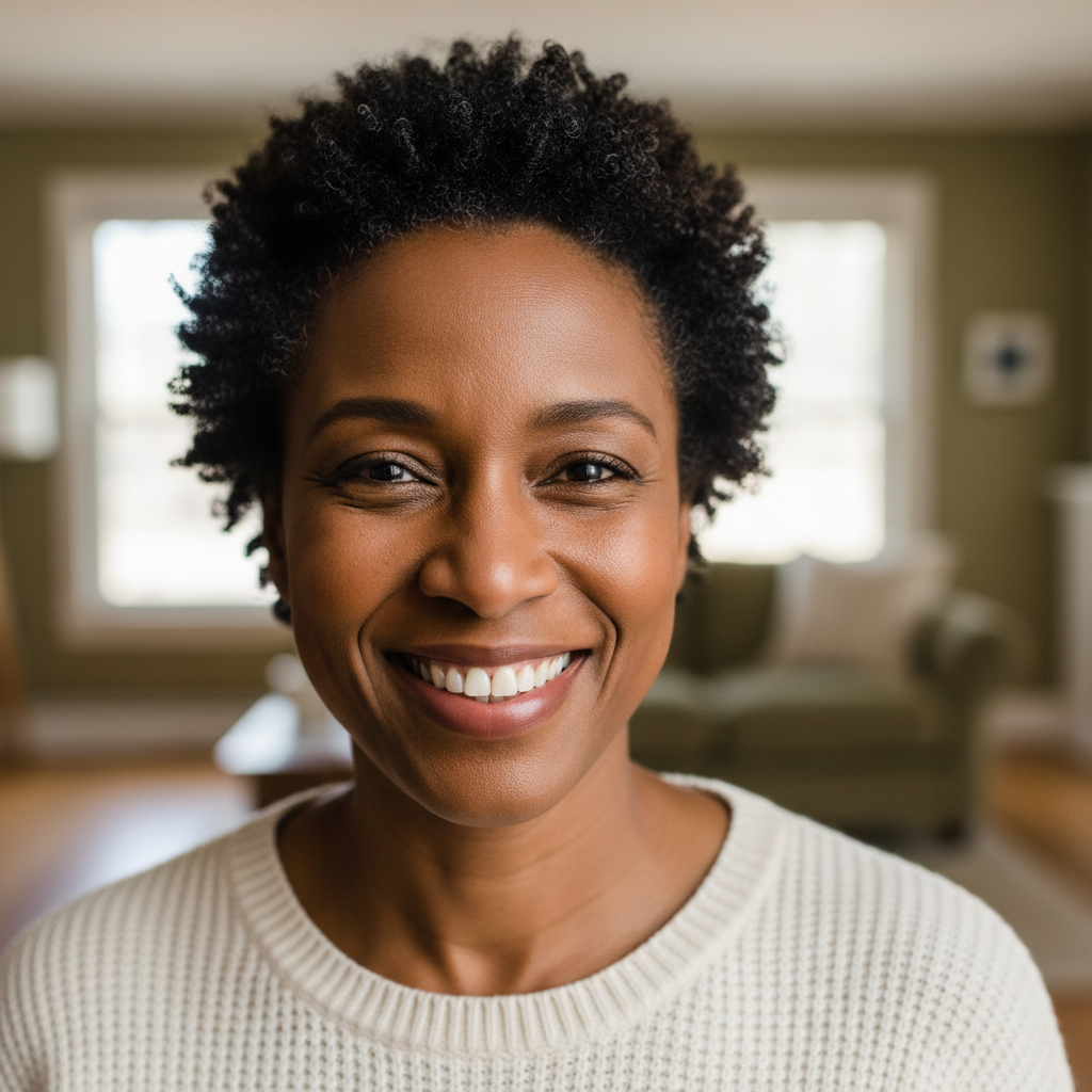 Portrait of Margaret Osei, a Black woman in her 50s smiling warmly