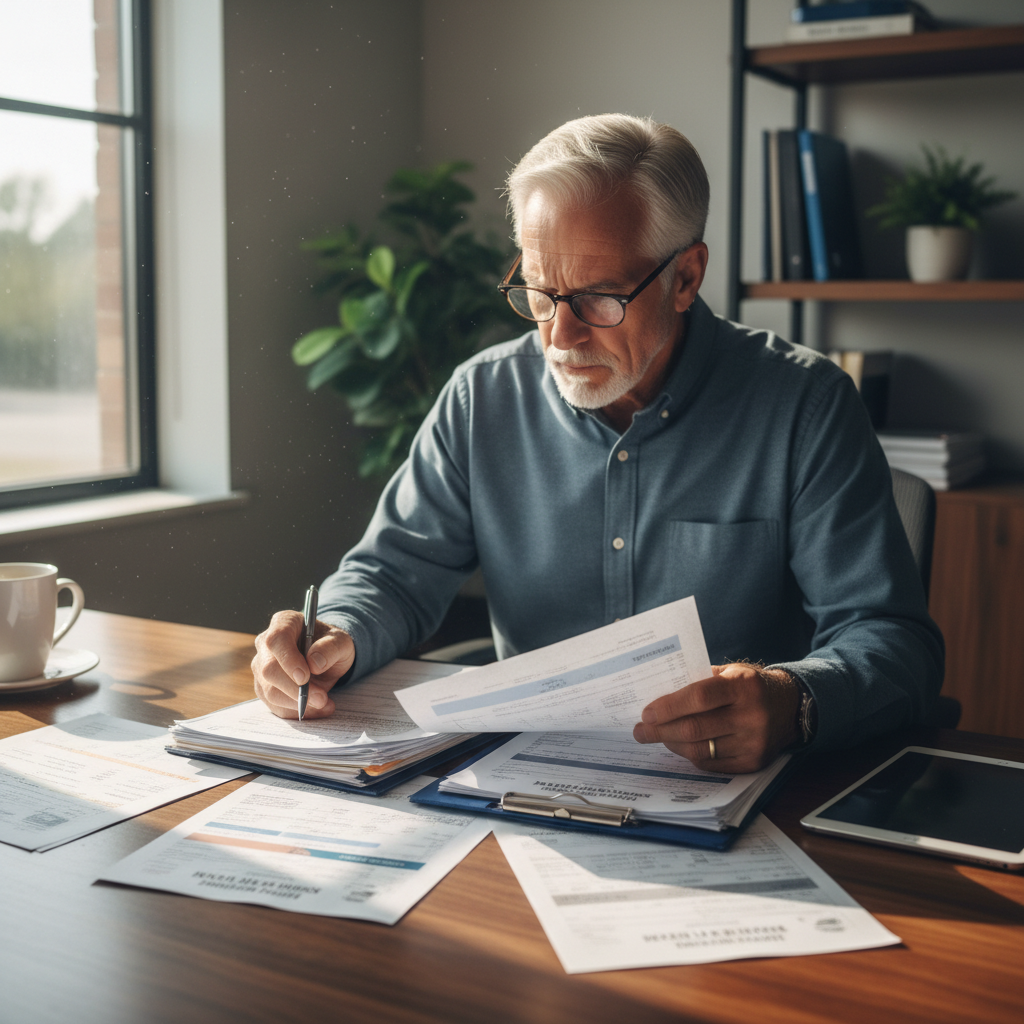 Senior estimator reviewing insurance documentation and roofing scope reports at a desk