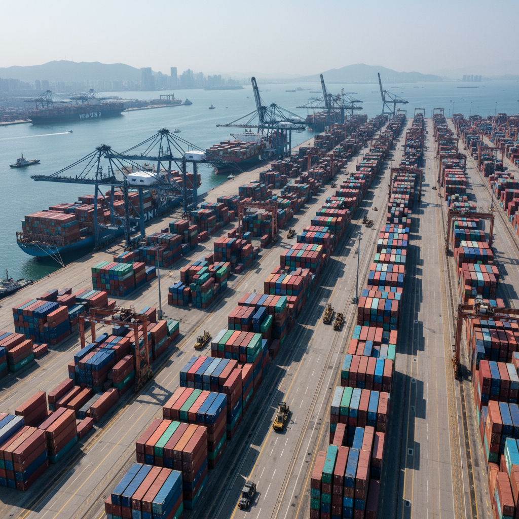 Aerial view of busy Chinese manufacturing and shipping port with cargo containers