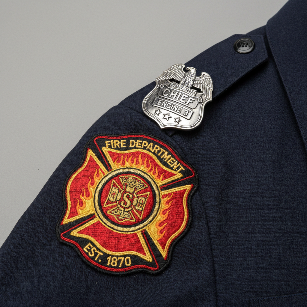 Firefighter Class-A uniform shoulder patch and badge detail