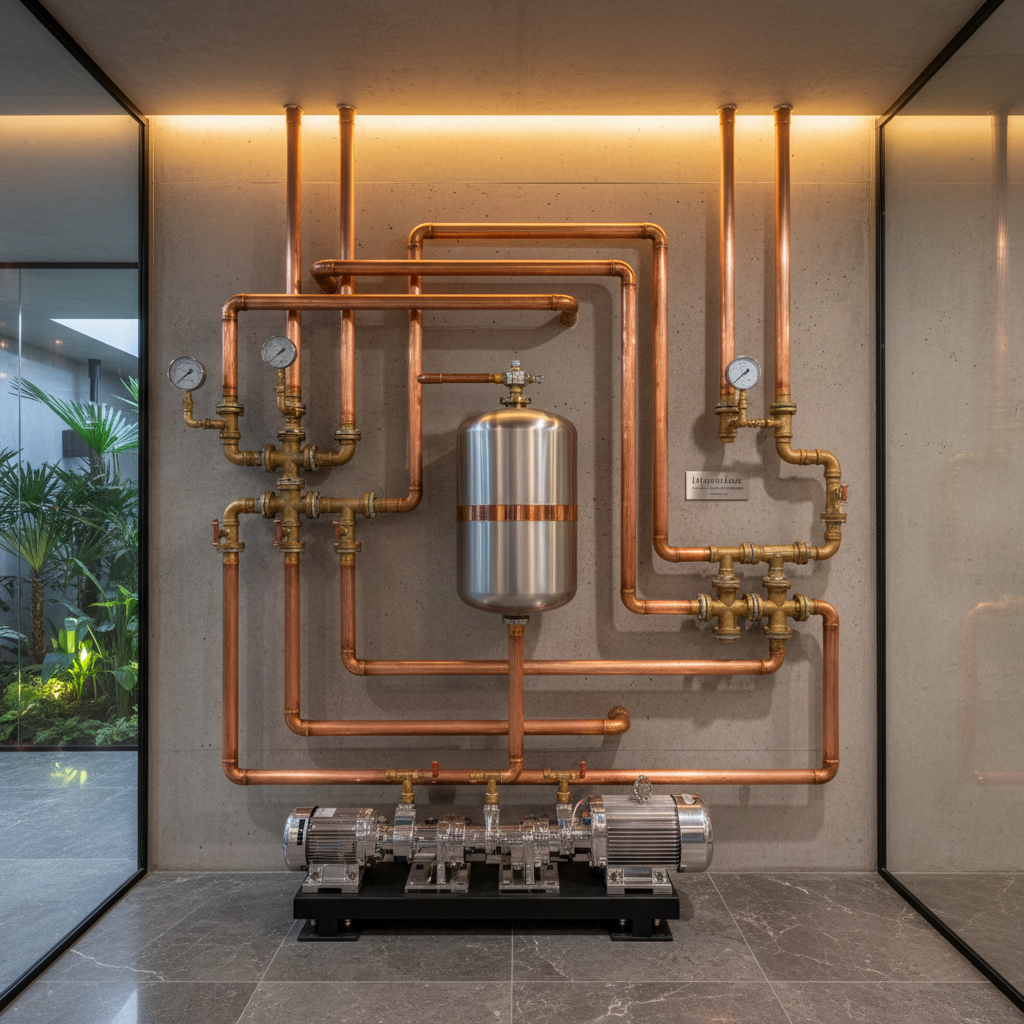 Modern gas boiler system with copper pipes and pressure gauges in clean utility room