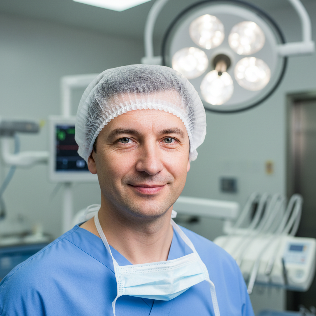 Dr. James Reeves, thoracic surgeon, wearing surgical attire in a clinical setting