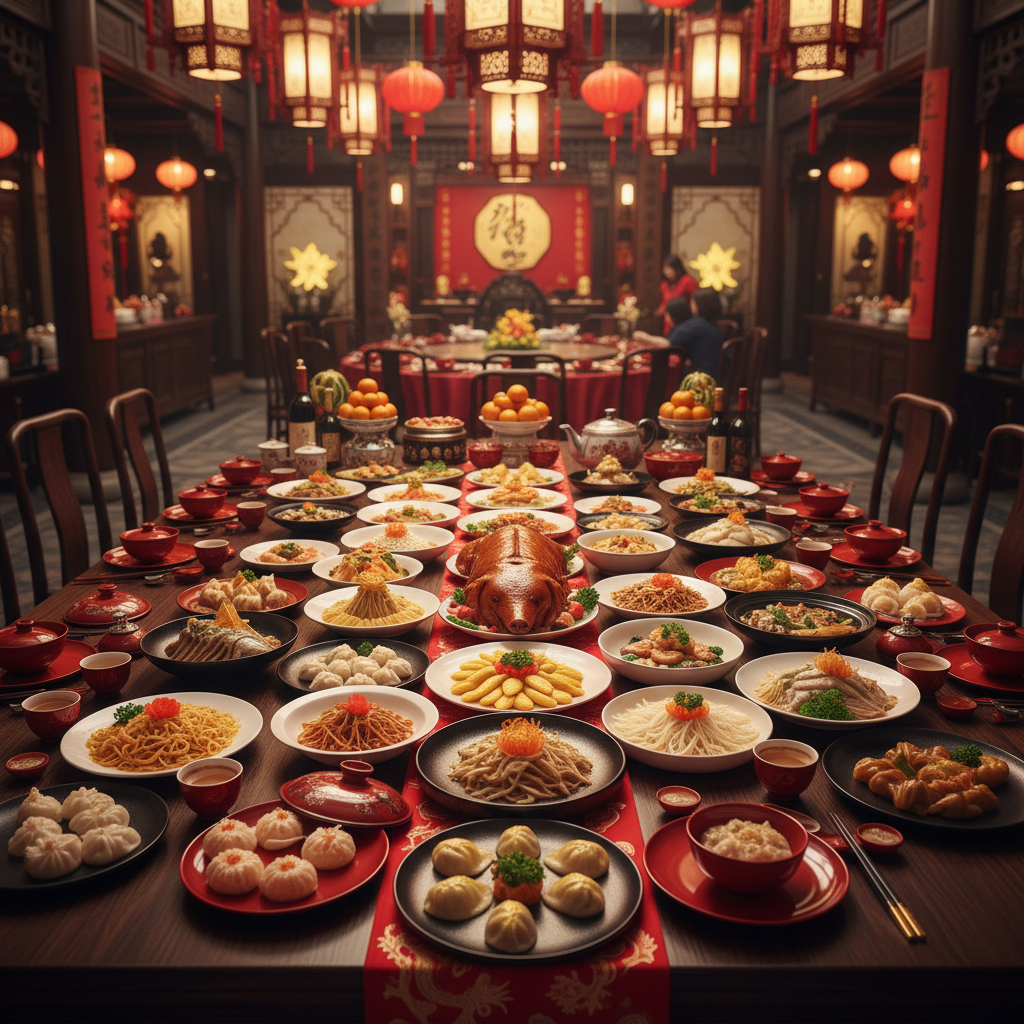 Elegant plated Chinese New Year feast with gold leaf garnish on lacquered serving ware