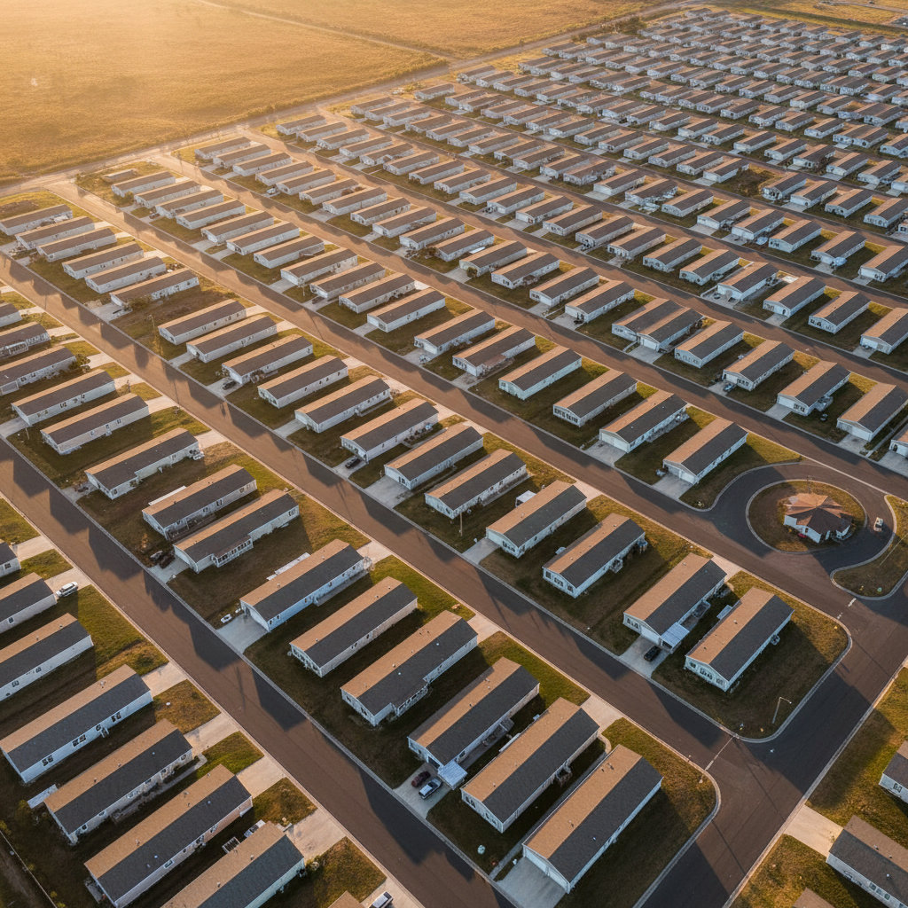 Aerial view of manufactured housing community at golden hour, rows of homes with long shadows