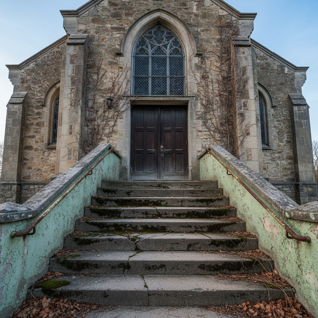 Dated church entrance with steep concrete steps, no ramp, peeling paint on handrails