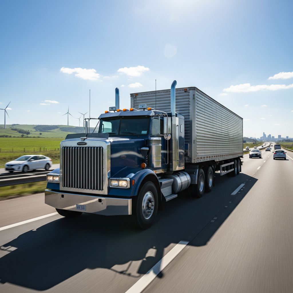 Heavy commercial truck on highway side view