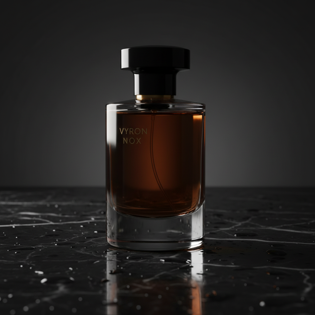 Dark amber perfume bottle on polished black marble, moody studio lighting, deep shadows