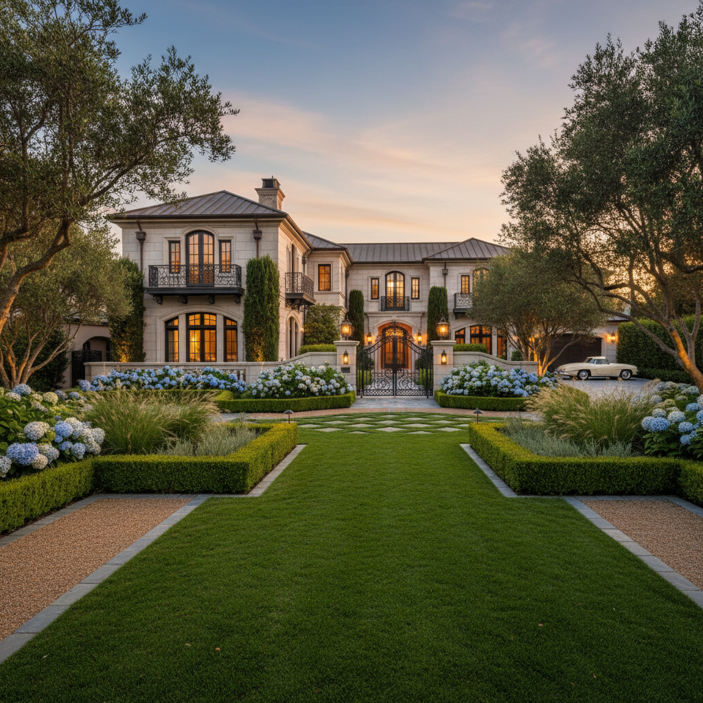 Luxury residential home exterior after complete renovation, manicured landscaping, sunny California afternoon, warm tones