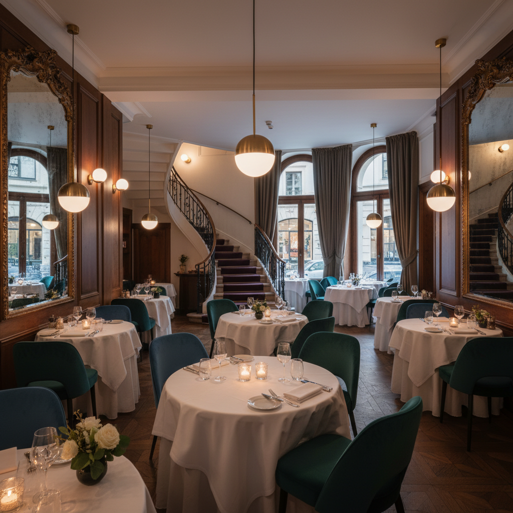 Elegant restaurant dining room with warm lighting, white linen tablecloths, and sophisticated interior design