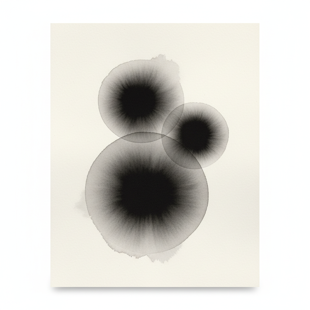 Minimalist ink study on paper showing void-like circular forms in deep black and grey