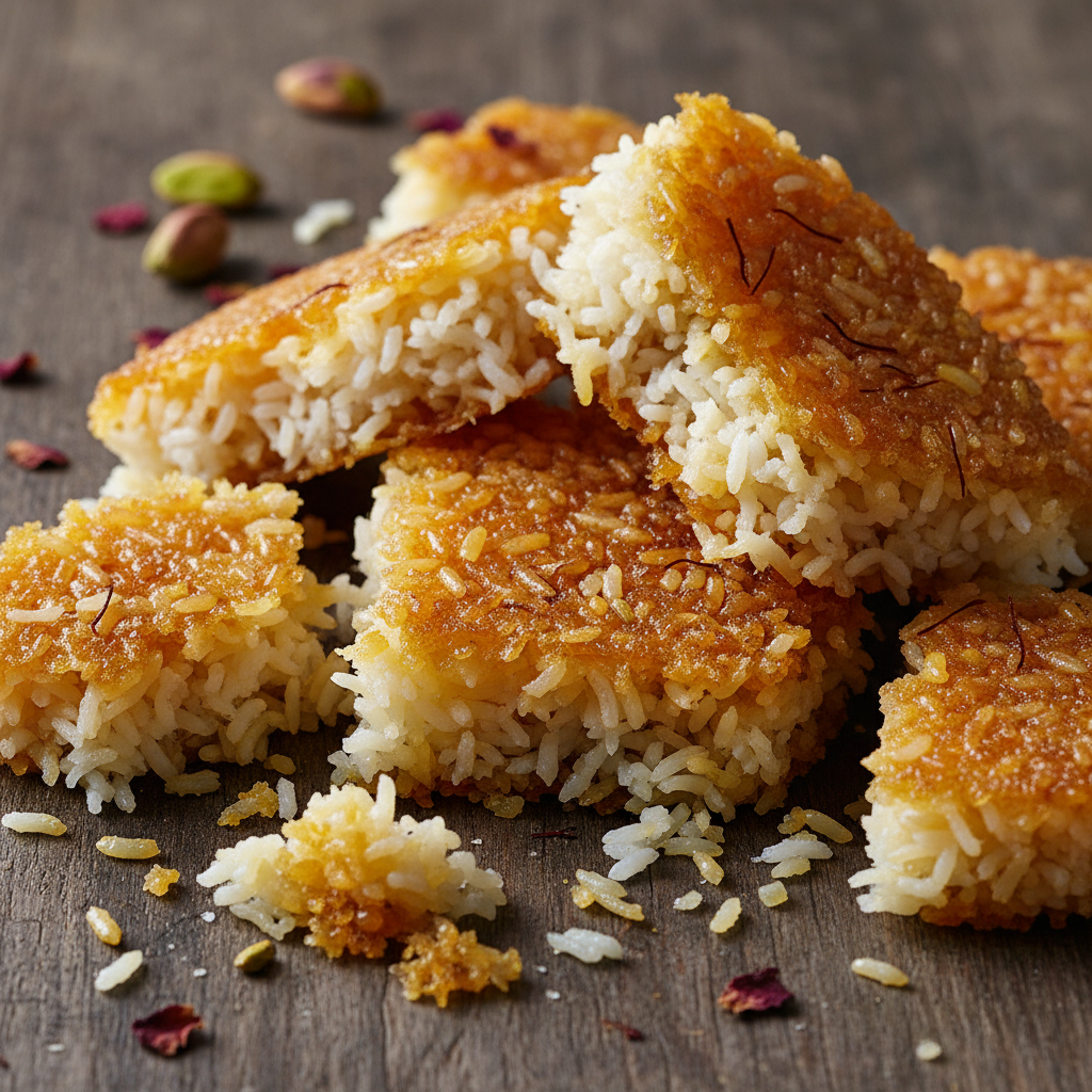 Golden crispy rice crust soqaat broken apart showing the crunchy caramelized layer