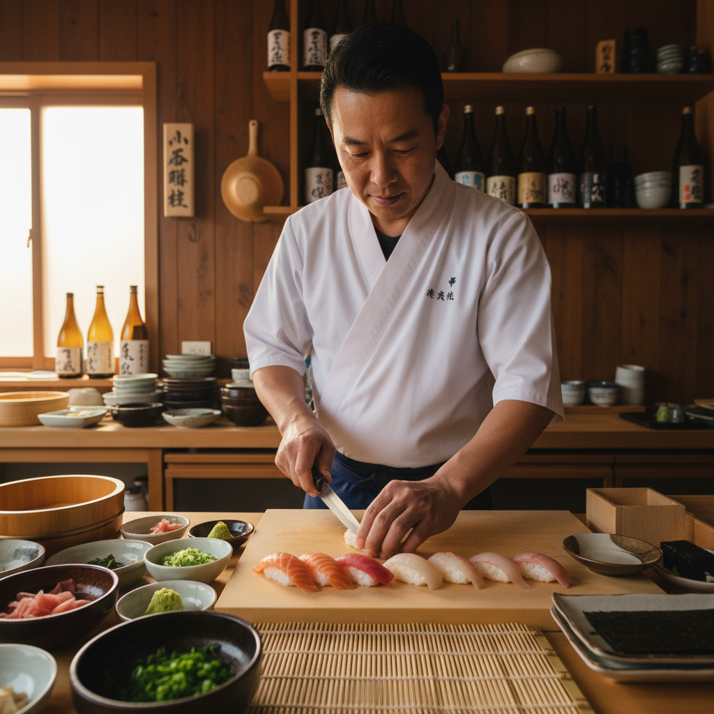 Japanese chef at intimate chef's table preparing intricate dish with focused precision in minimalist kitchen
