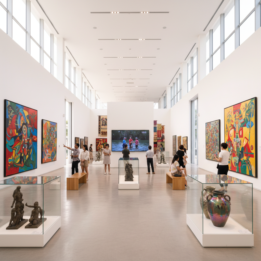 Modern art gallery interior with contemporary paintings and sculptures under dramatic lighting