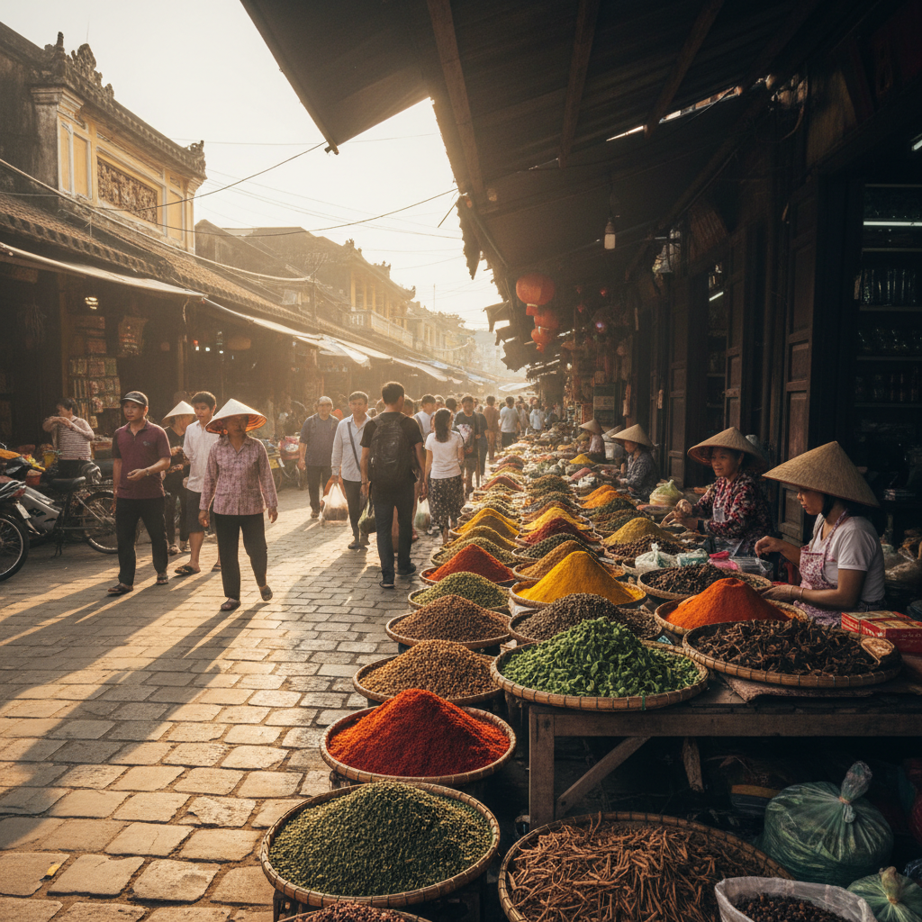Old photograph of Hue street market with vendors and spices displayed on wooden stalls