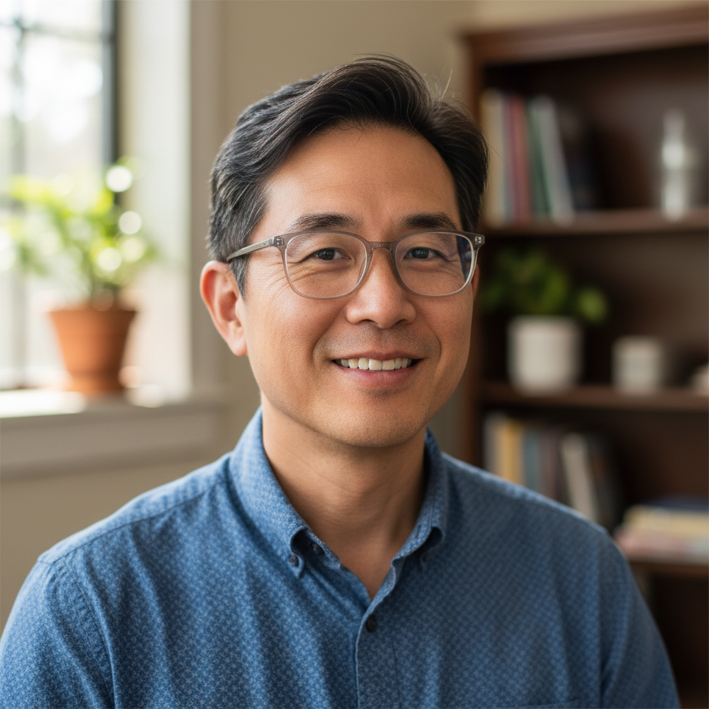 Male pastor with warm smile and professional casual attire, natural light background, confident and approachable