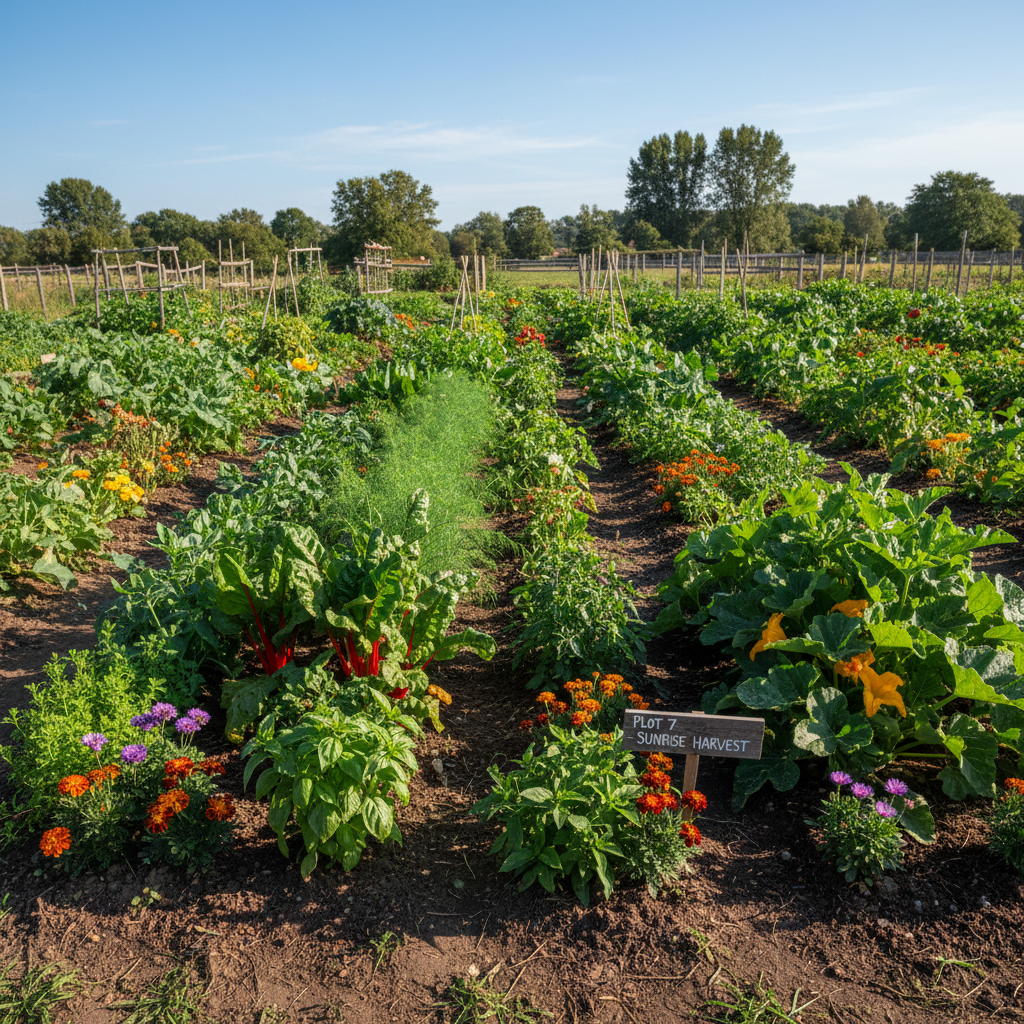 Community garden plot with mixed vegetables and herbs growing in neat rows