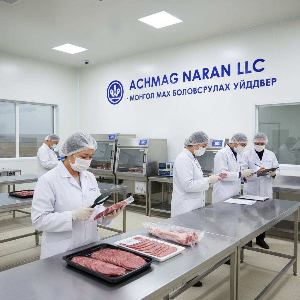 Quality inspection of fresh meat in bright sterile facility, white gloves, clinical lighting