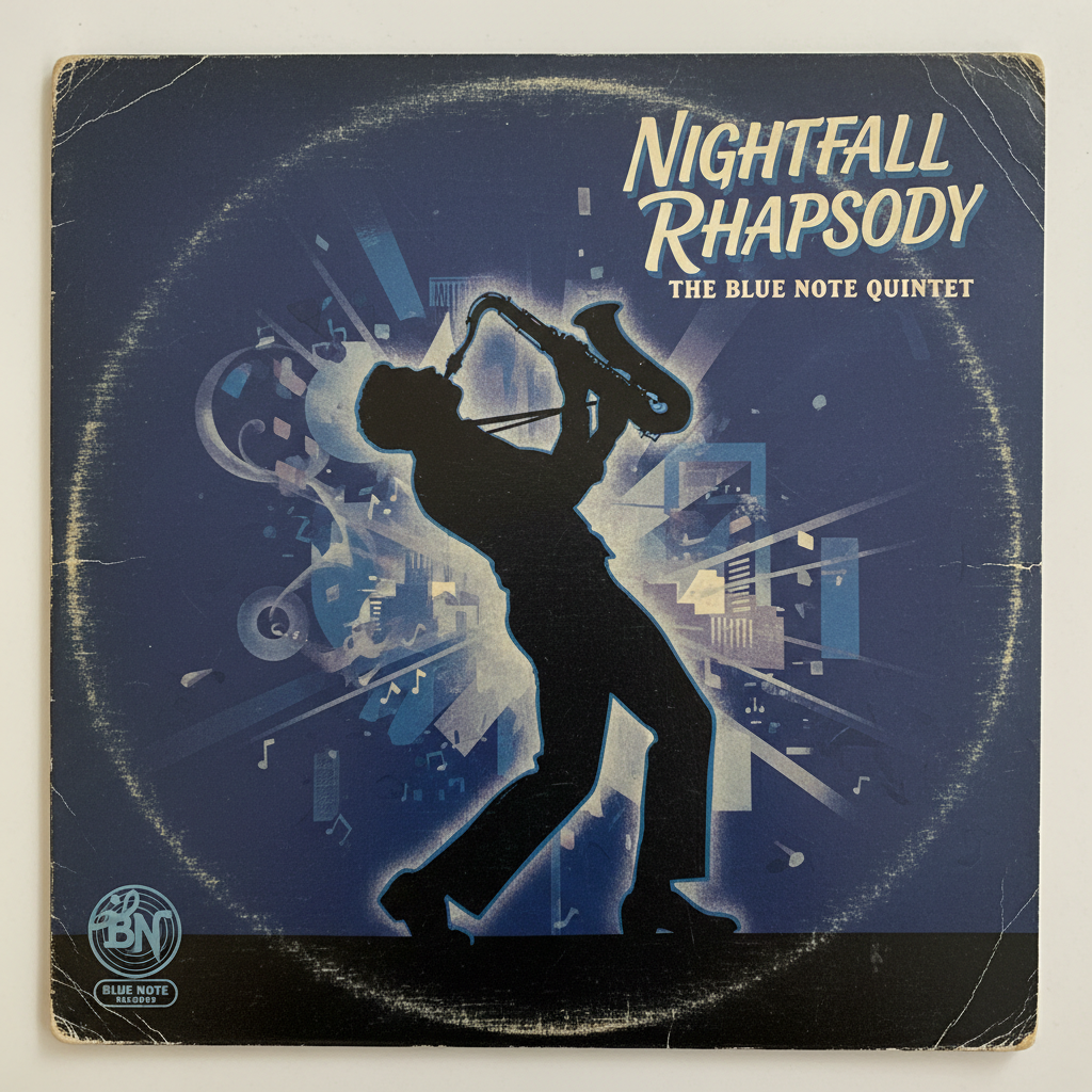 Vintage jazz album sleeve with deep blue and black tones showing jazz musician in silhouette
