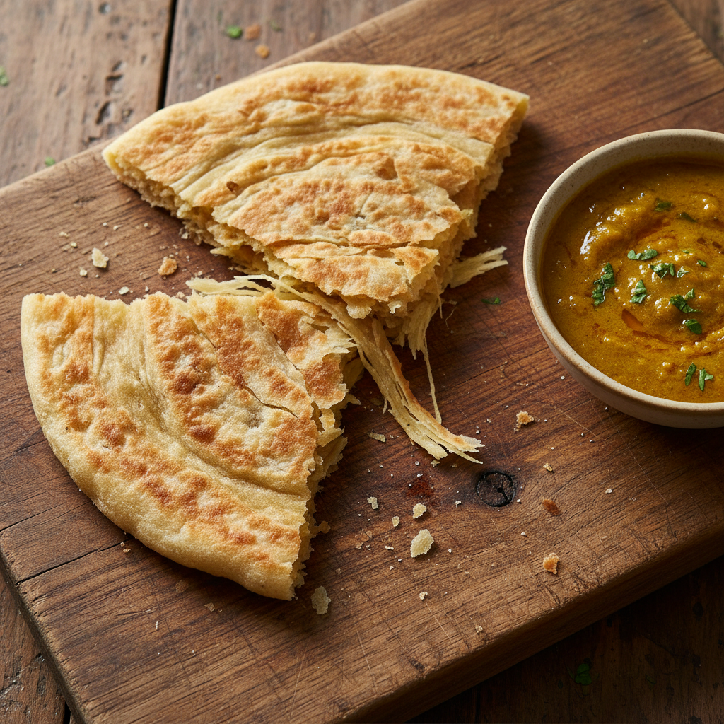 Golden crispy paratha on dark plate, steam rising, dramatic low-key lighting