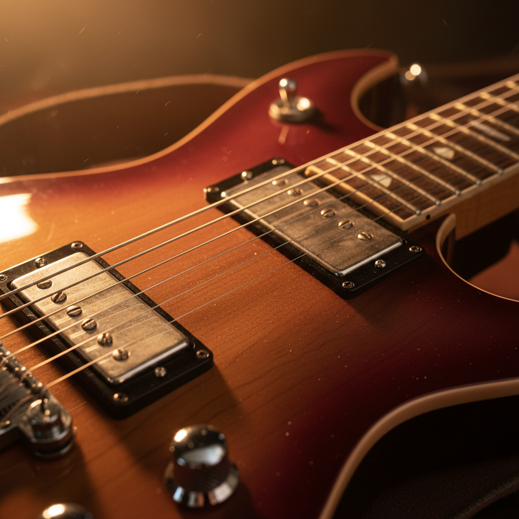 Acoustic guitar close-up with warm amber studio lighting, dark moody background, strings in sharp focus