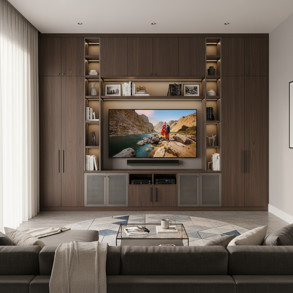 Dedicated media room with built-in cabinetry and entertainment setup