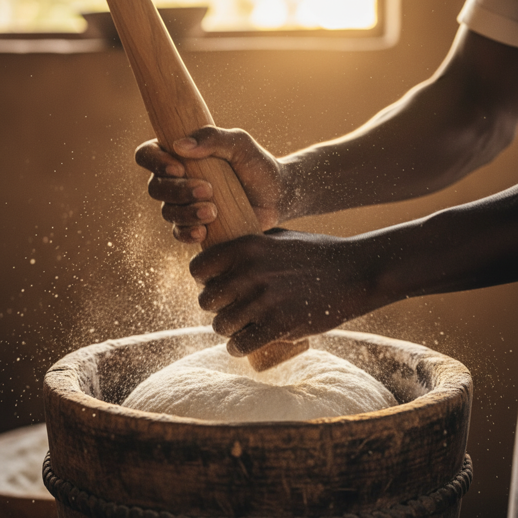Hands pounding fufu in a wooden mortar with golden backlight, flour dust rising