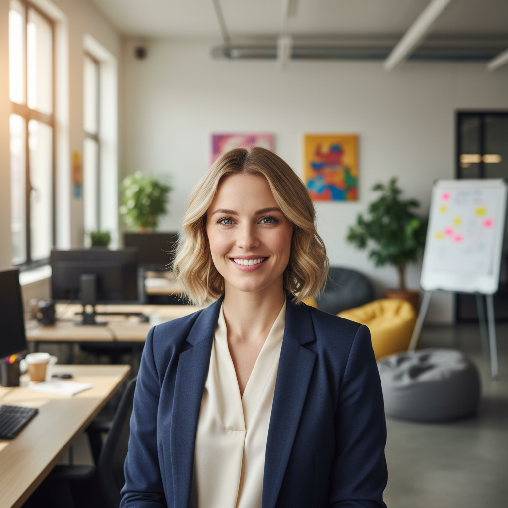 Young professional woman with blonde hair, casual business style, bright background