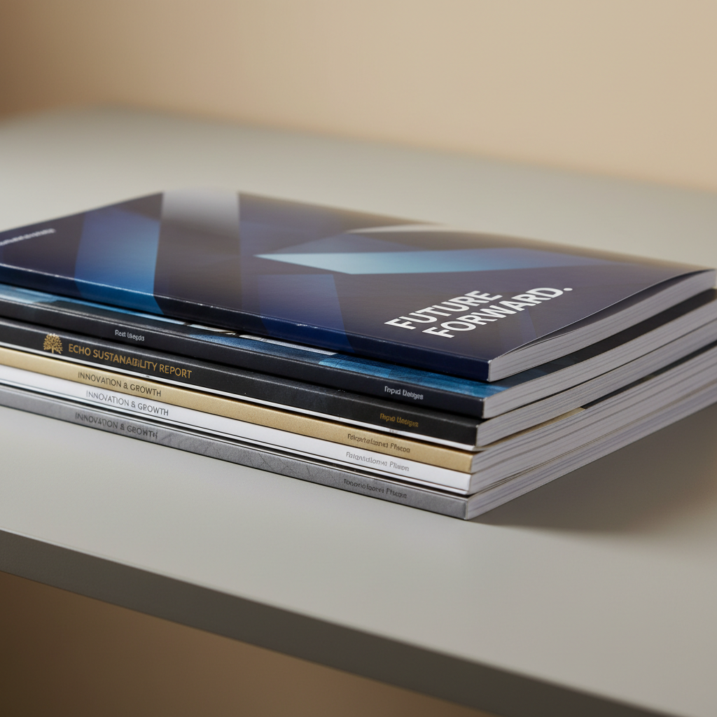 Stack of professionally printed corporate catalogues with vibrant covers on a clean white studio surface