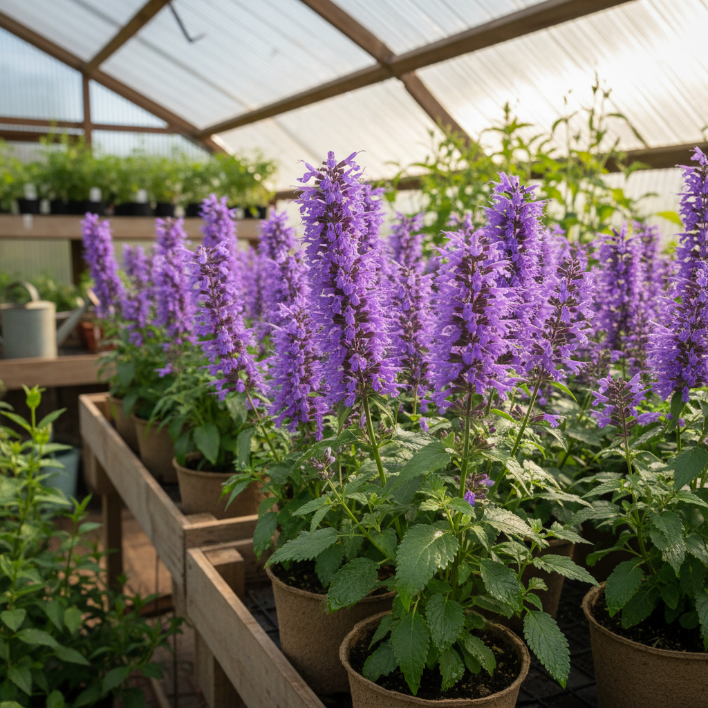 Purple anise hyssop agastache blooms in small greenhouse nursery pots