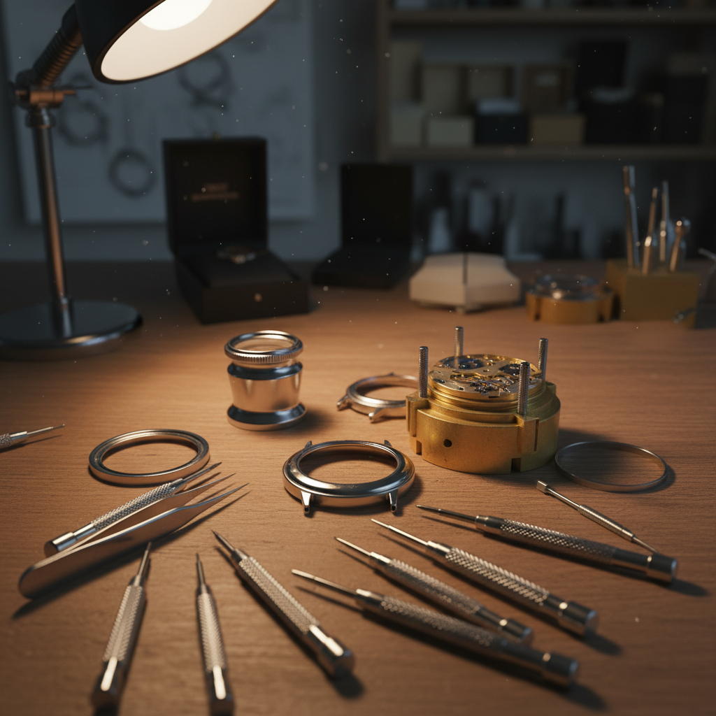 Antique watchmaking workshop, vintage tools on dark wooden workbench, warm amber candlelight, historical atmosphere