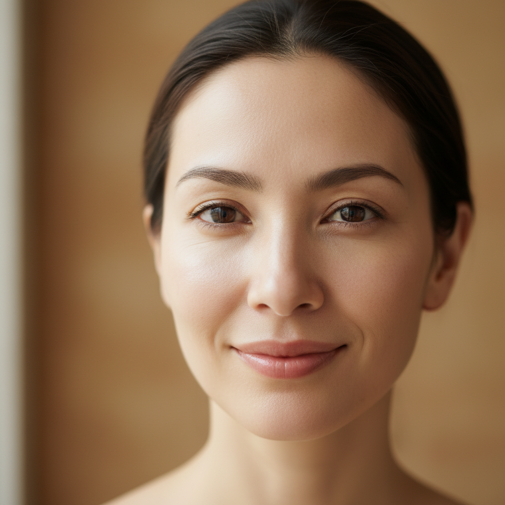 Indian woman with glowing skin, close-up portrait, soft focus