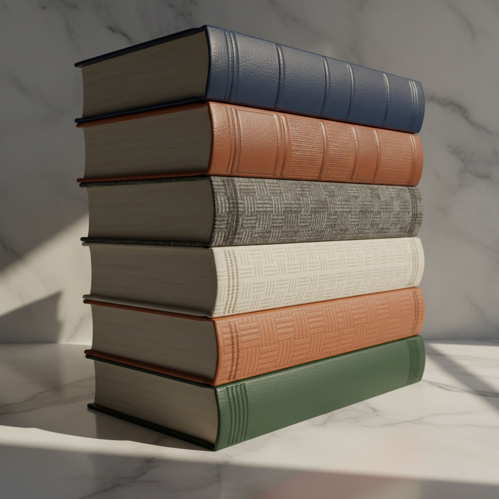 Premium hardcover wedding photobooks stacked on white marble surface, soft backlight, luxury editorial photography, dark moody atmosphere