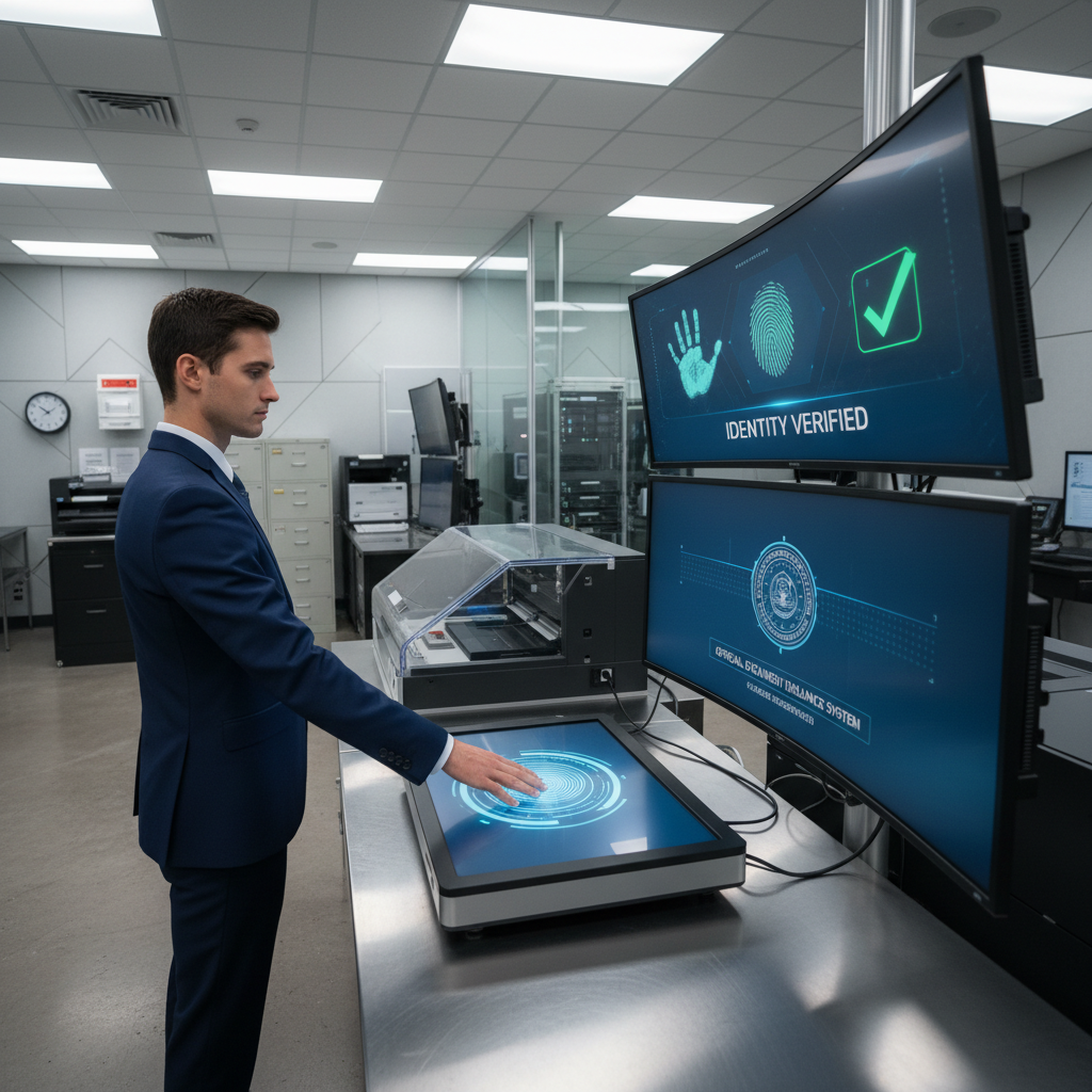 Secure government document issuance system with biometric verification screens in a professional institutional setting