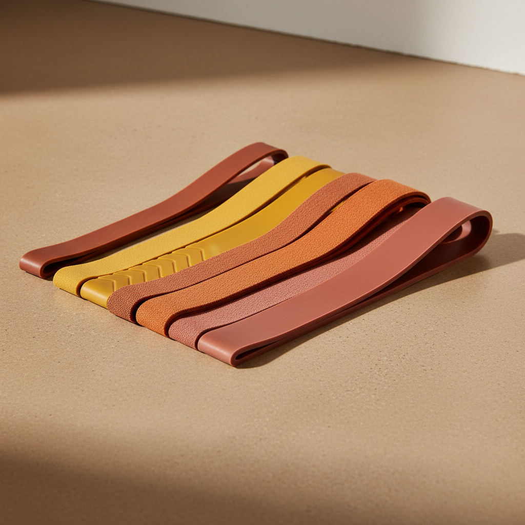 Premium resistance bands in warm tones displayed on a minimal surface