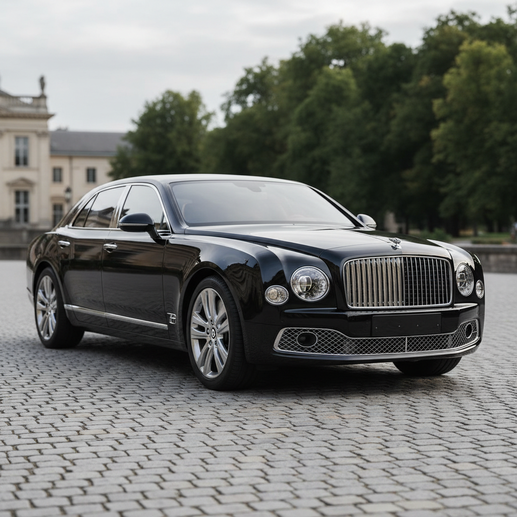 Bentley Mulsanne 2024 in Black, flagship luxury sedan front three-quarter view, imposing presence