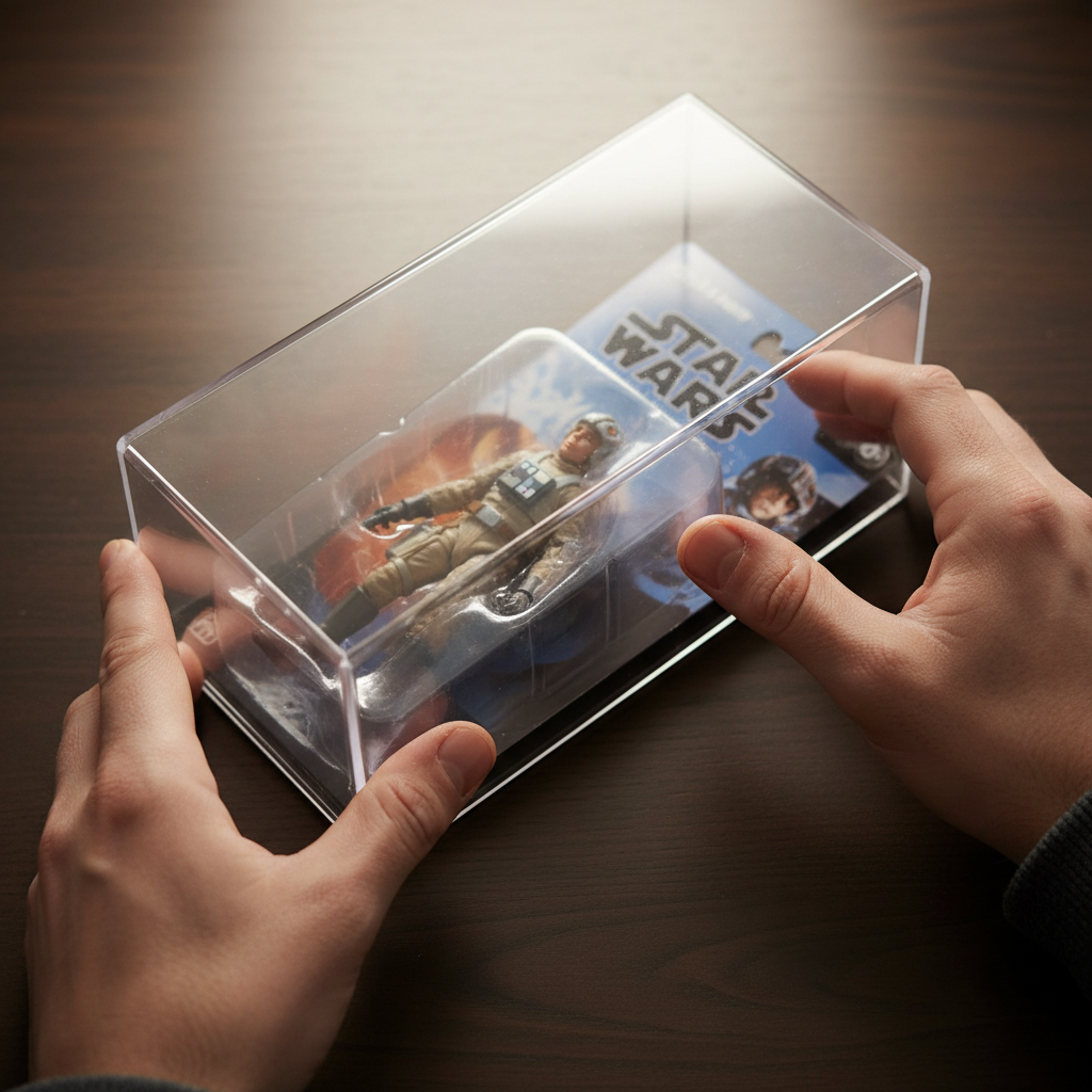 Collector's hands in soft overhead light carefully sliding a sealed Hasbro figure into a UV-resistant display case beside a framed signed 8x10