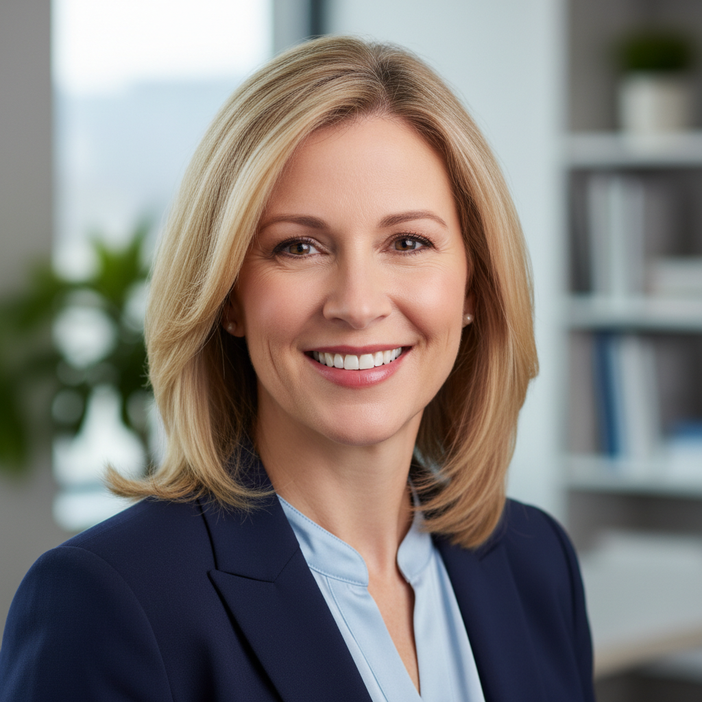 Sandra Kowalski, a white woman in her late 40s, warm smile, professional but approachable
