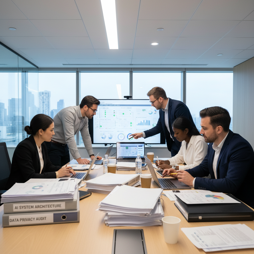 Professional team conducting verification and assurance review with data analysis and reporting documents