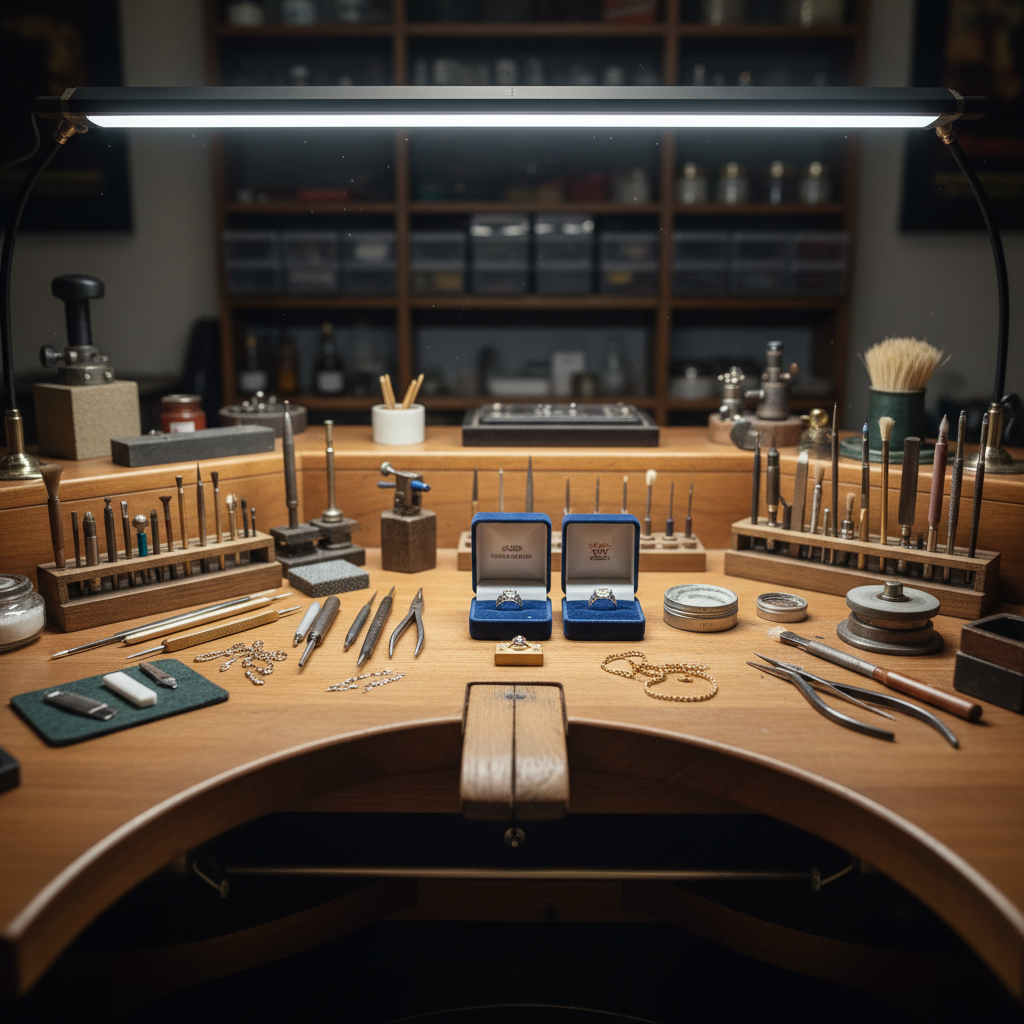 Bench Setup Checklist — jeweler's workbench with tools laid out in organized arrangement