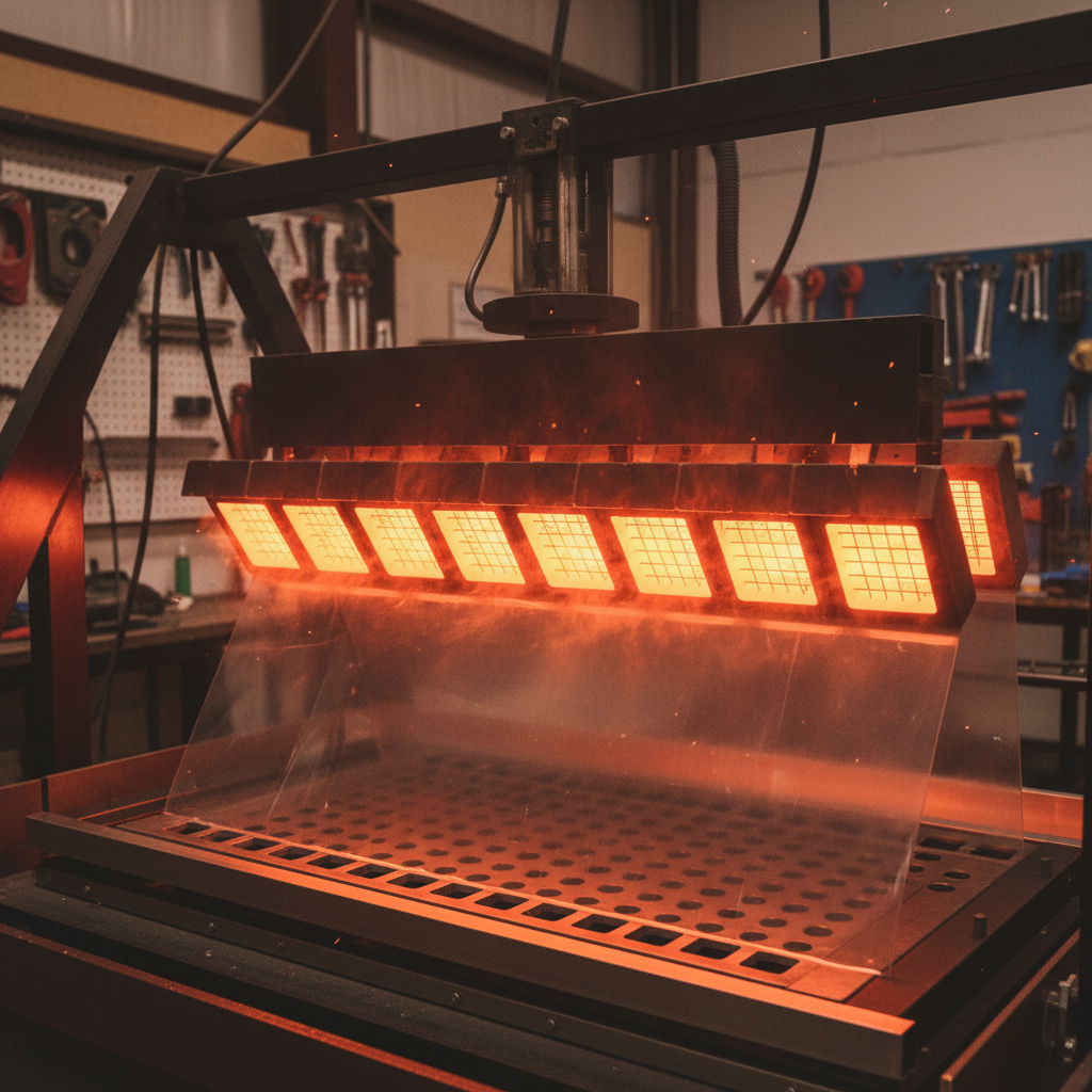 Close-up of ceramic infrared heater bank glowing orange above a thermoplastic sheet in a vacuum former, industrial workshop setting