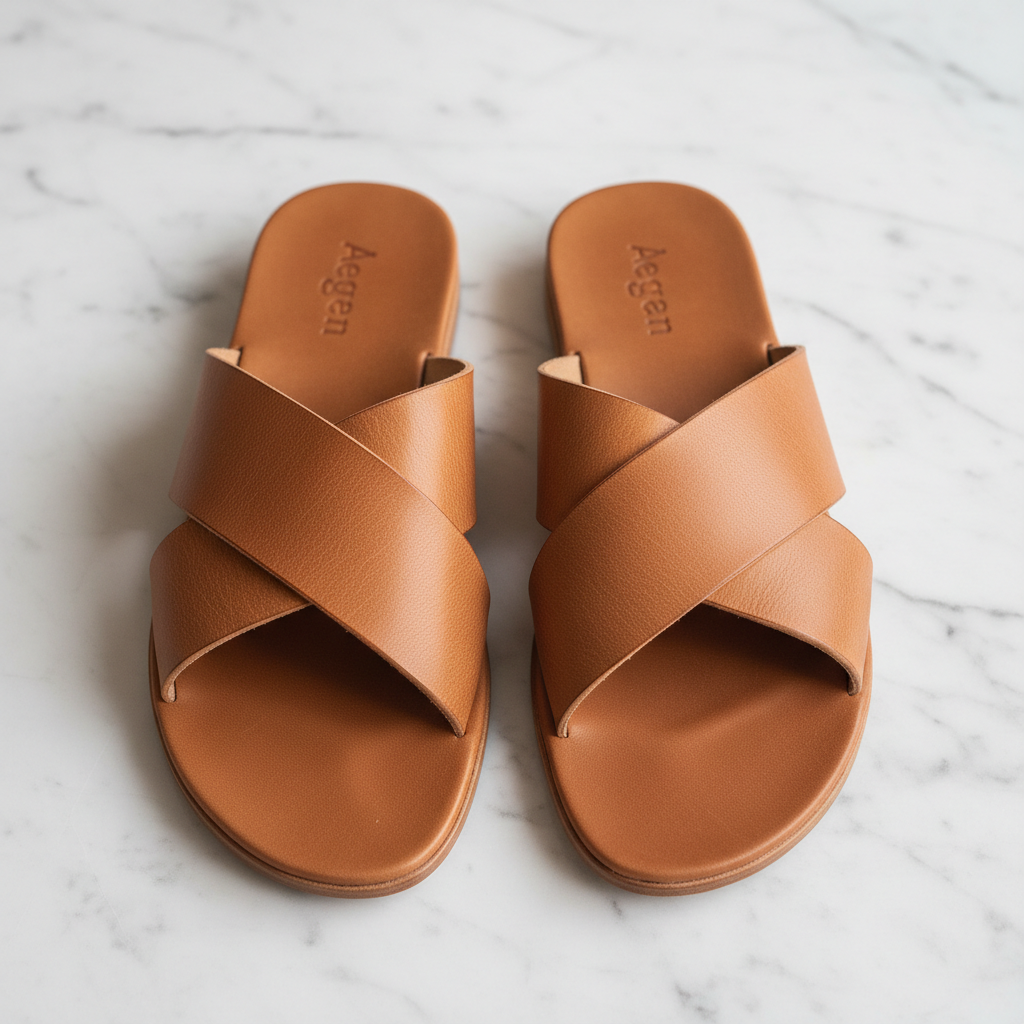 Aegean Slide top-down view showing strap detail and leather texture on marble
