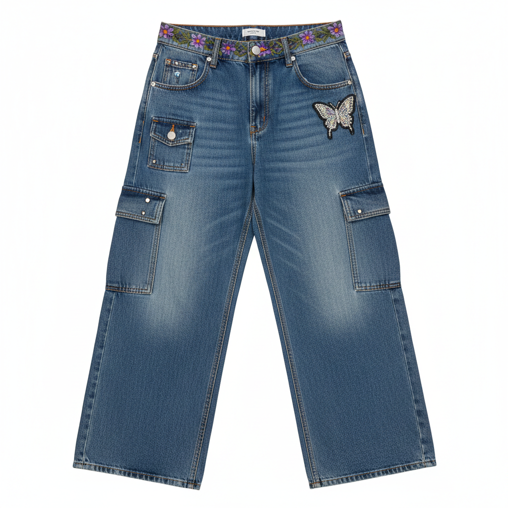 Butterfly denim mini skirt with embroidered patches, clean bright background