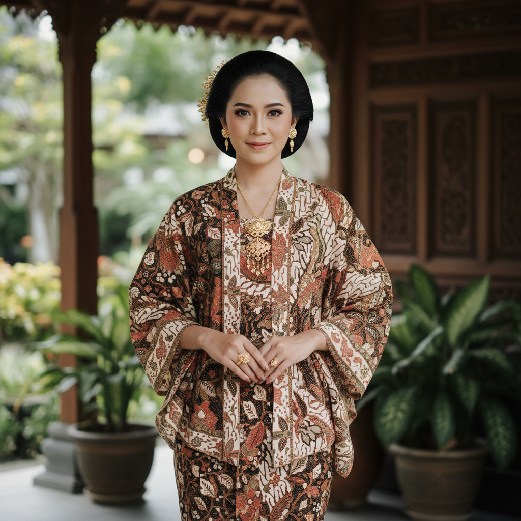 Traditional Indonesian kebaya with modern elegant styling, ornate batik fabric detail