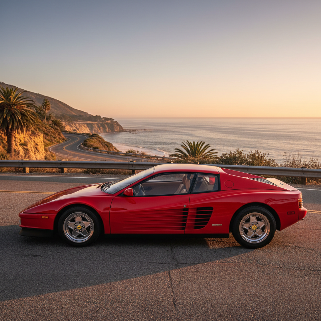 Ferrari Testarossa side profile reflecting sunset light
