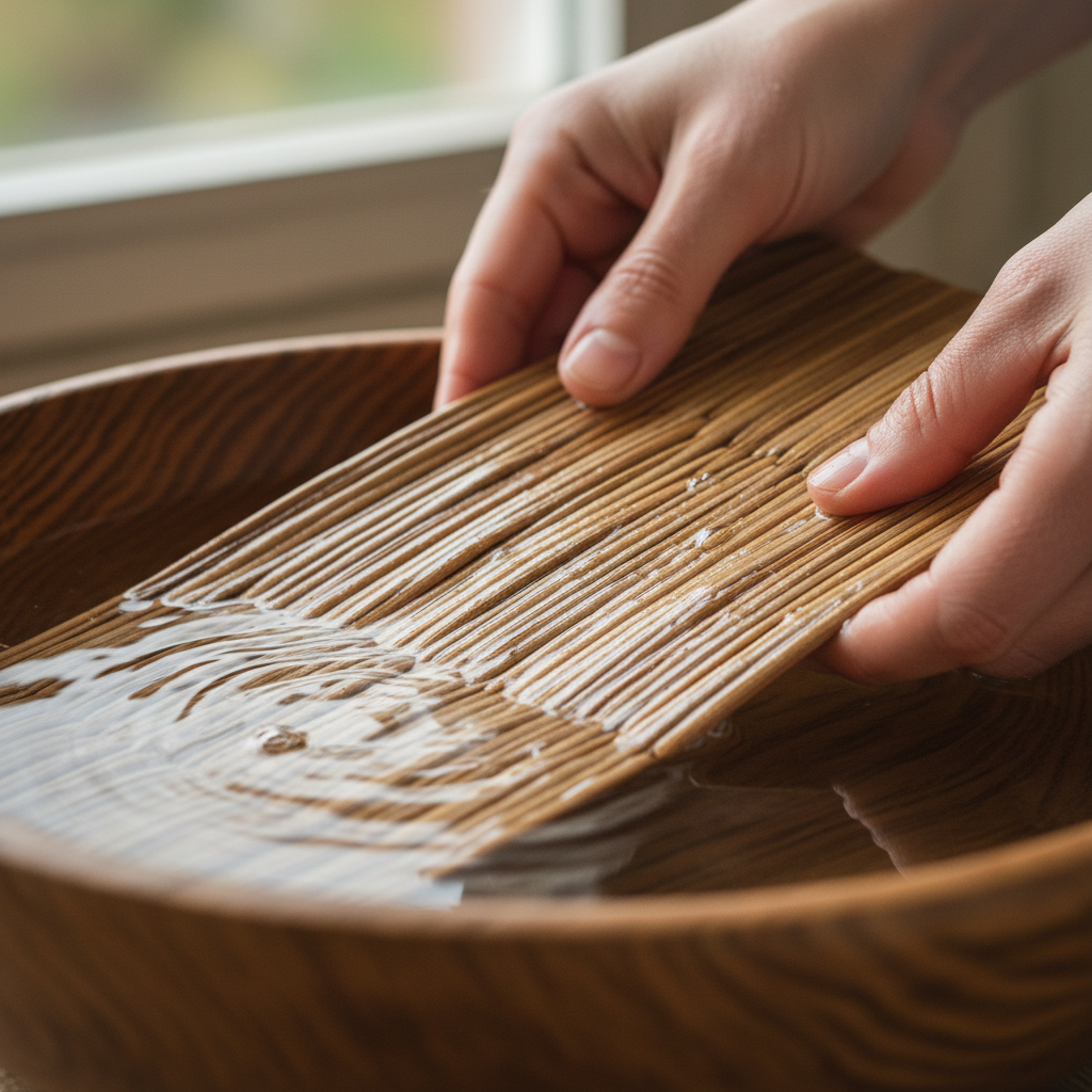 Close-up of hands soaking flat reed in a wooden bowl of water
