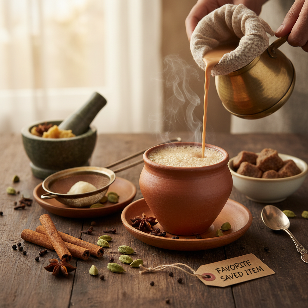 Spiced masala chai in a terracotta cup with cinnamon sticks and star anise on a wooden surface
