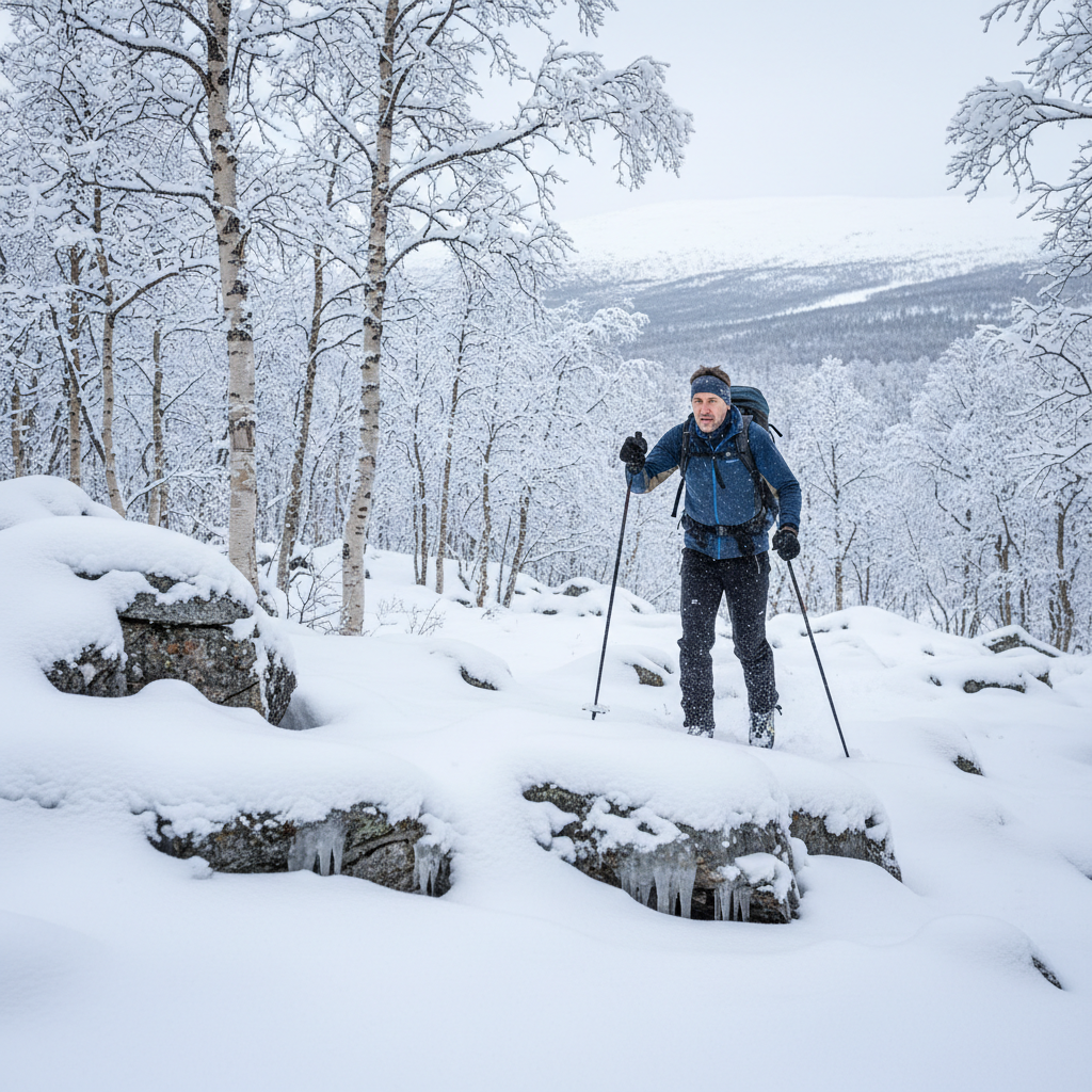 Male Nordic skier in heavy backcountry terrain pushing through birch forest, breath visible in frozen air, rifle on back