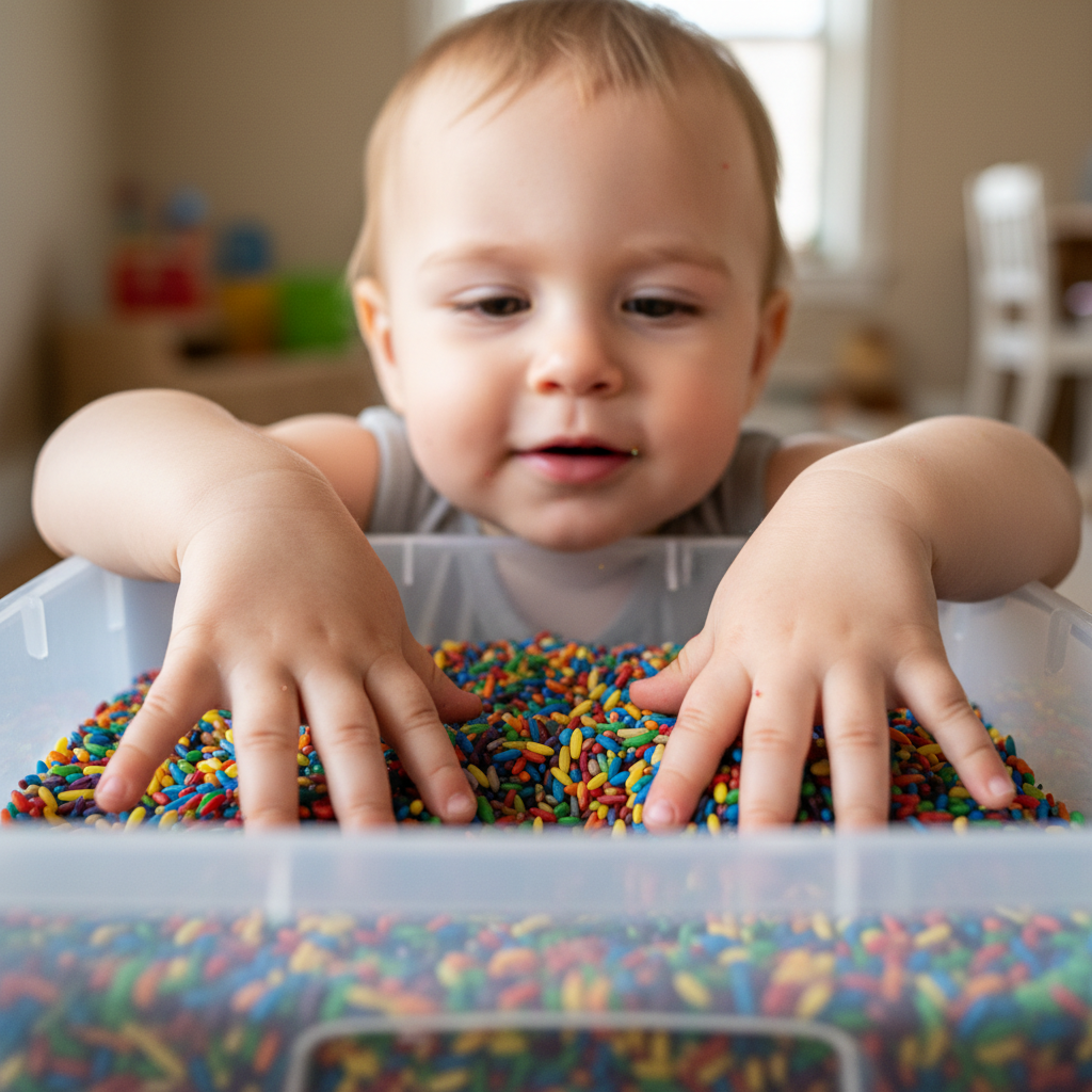 Young child scooping and pouring coloured rice from a sensory tray with small hands, focused and engaged