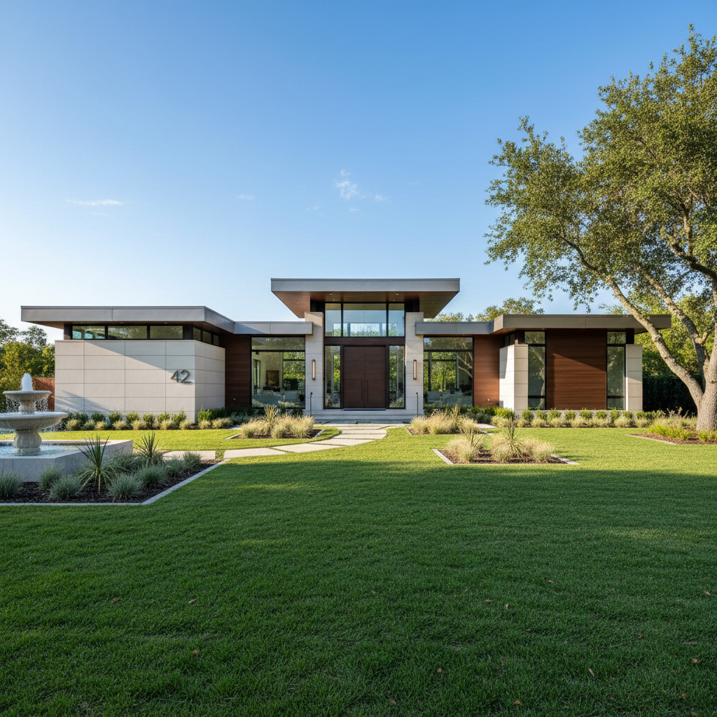 Modern luxury single-family home exterior, bright sunny day, manicured lawn, white facade, wide open sky